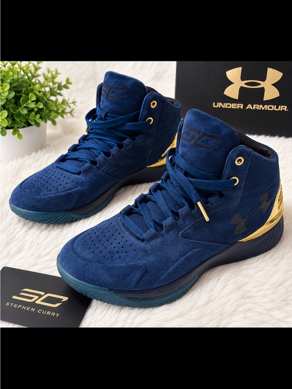 Under Armour Men’s Navy Suede Basketball Sneakers with Gold Trim